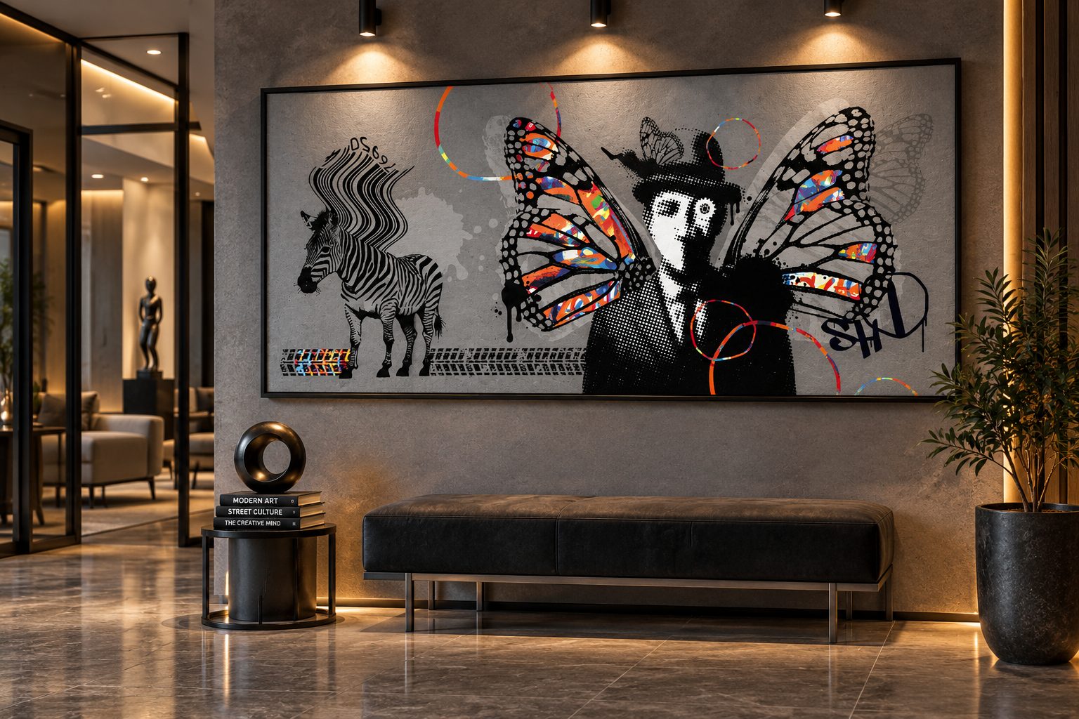 Custom canvas art Dubai — wide statement canvas in a hotel lobby by Blenc Art