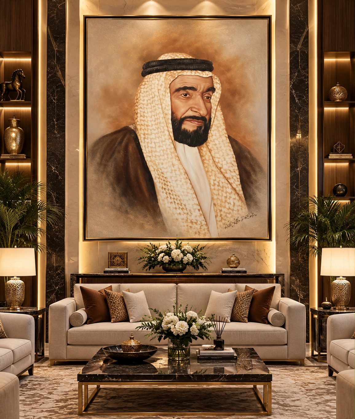 Custom oil portrait commission Dubai — framed canvas portrait in a luxury majlis by Blenc Art