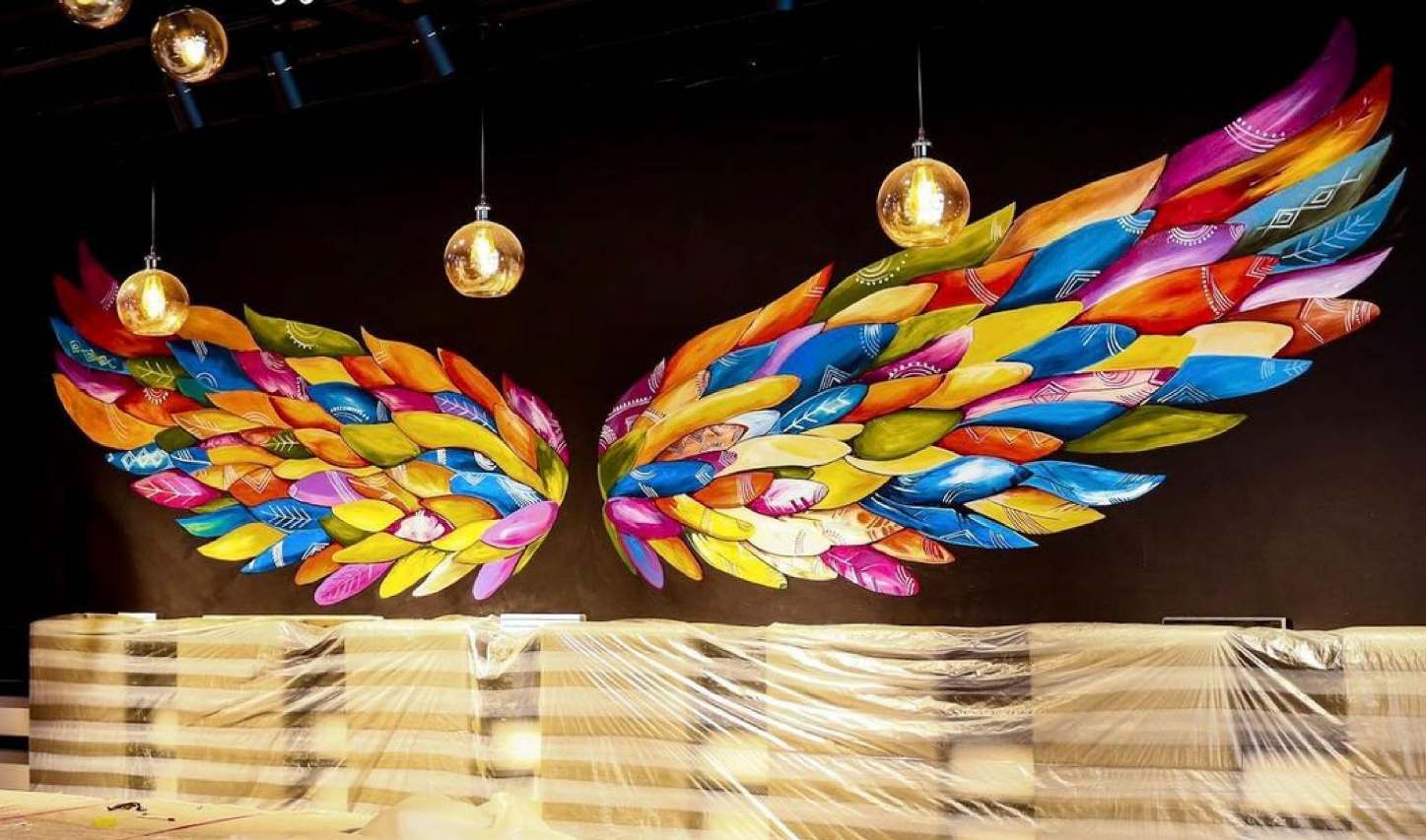 Rainbow Wings Mural with Lights